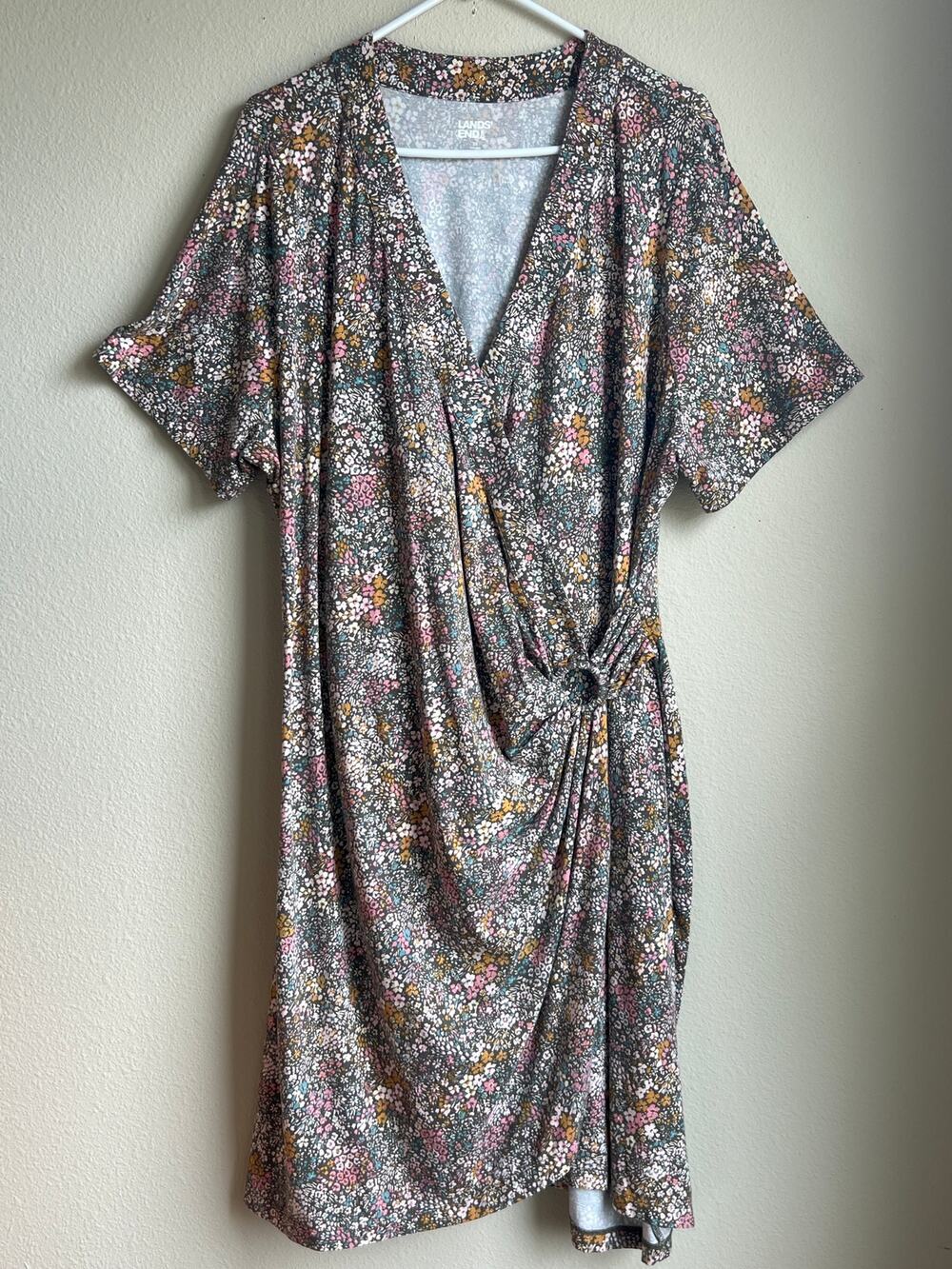 Lands' End Floral Faux Wrap Short Sleeve Midi Dress Plus Size 2X 20W-22W